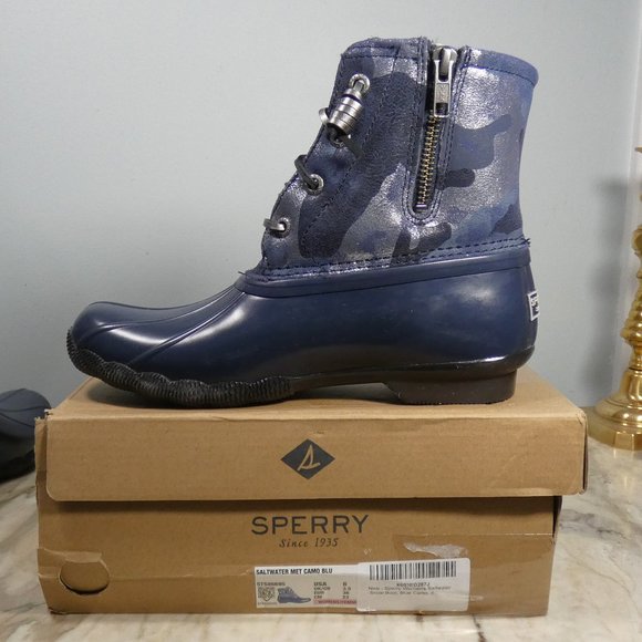 Sperry Docksider Saltwater Duck Boots Silver Metalic and Blue Camo 6 - Picture 3 of 10